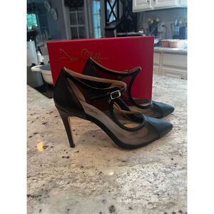 Joan Oloff Rebecca Black Leather & Mesh Ankle Strap Perfect Heel NIB Formal
